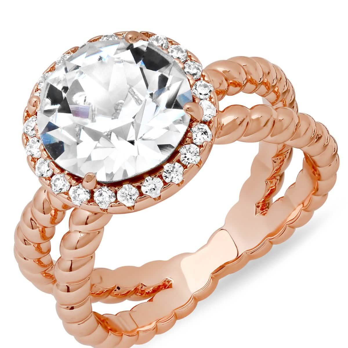 18K White Gold Plated Brass Split Shank Rope Engagement Ring Adorned with Swarovski Crystals