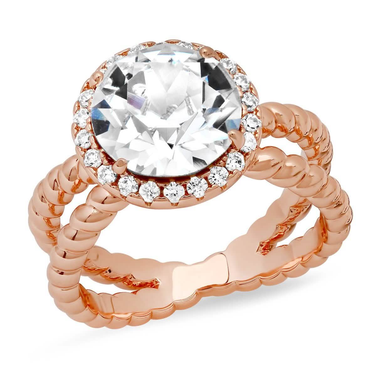 18K White Gold Plated Brass Split Shank Rope Engagement Ring Adorned with Swarovski Crystals