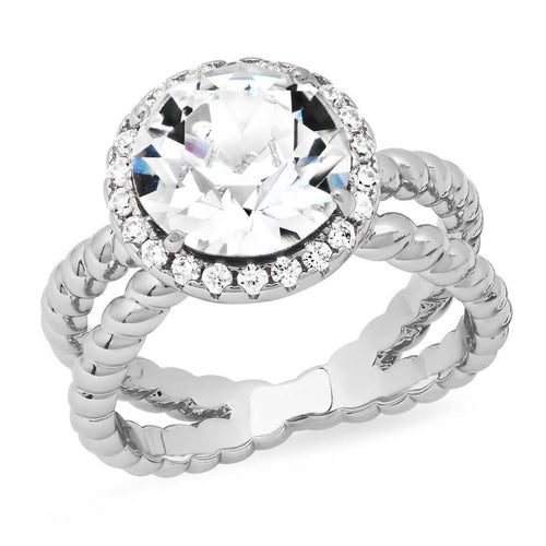 18K White Gold Plated Brass Split Shank Rope Engagement Ring Adorned with Swarovski Crystals