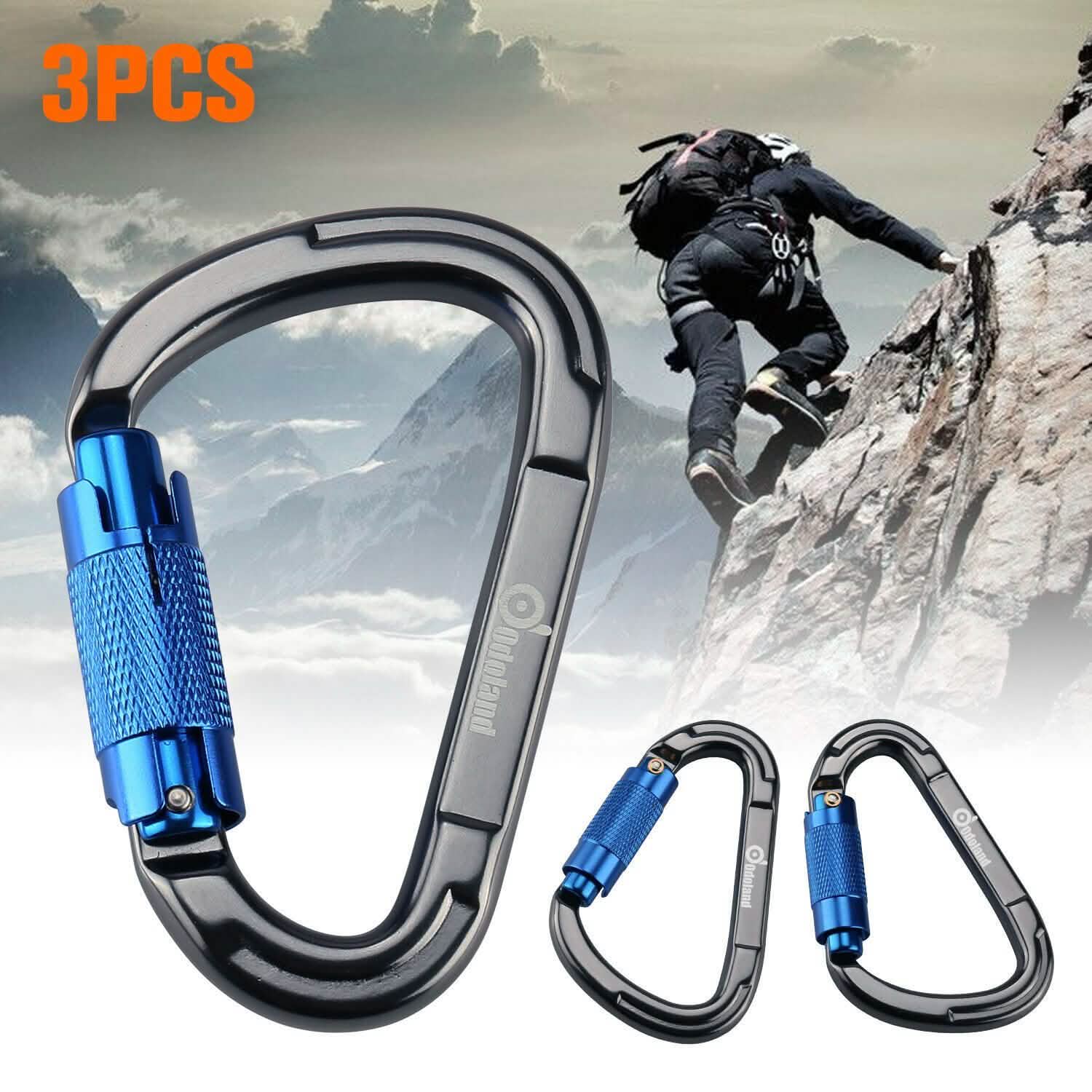 3-Pack: Auto Locking Rock Climbing Carabiner Clips Heavy Duty Caribeaners D-Shaped