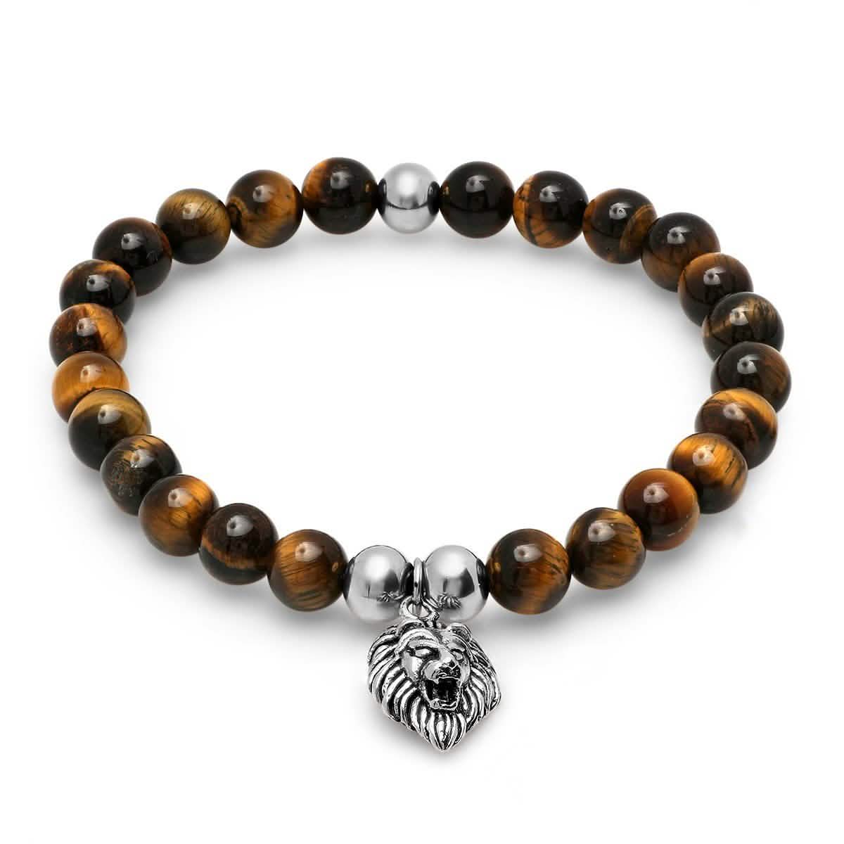3-Piece Set: Tiger Eye and Black Lava Beaded Bracelet with Stainless Steel Lion