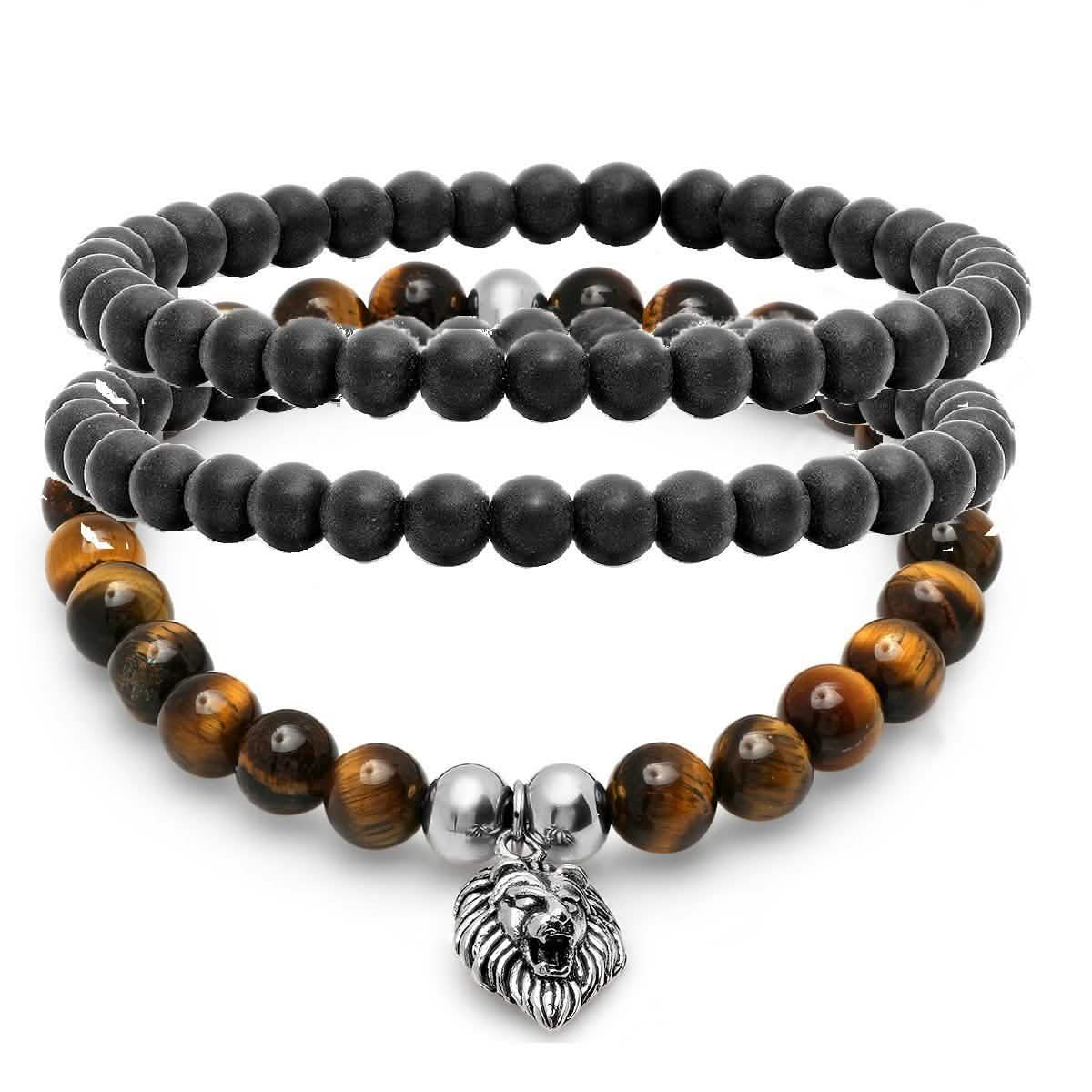 3-Piece Set: Tiger Eye and Black Lava Beaded Bracelet with Stainless Steel Lion