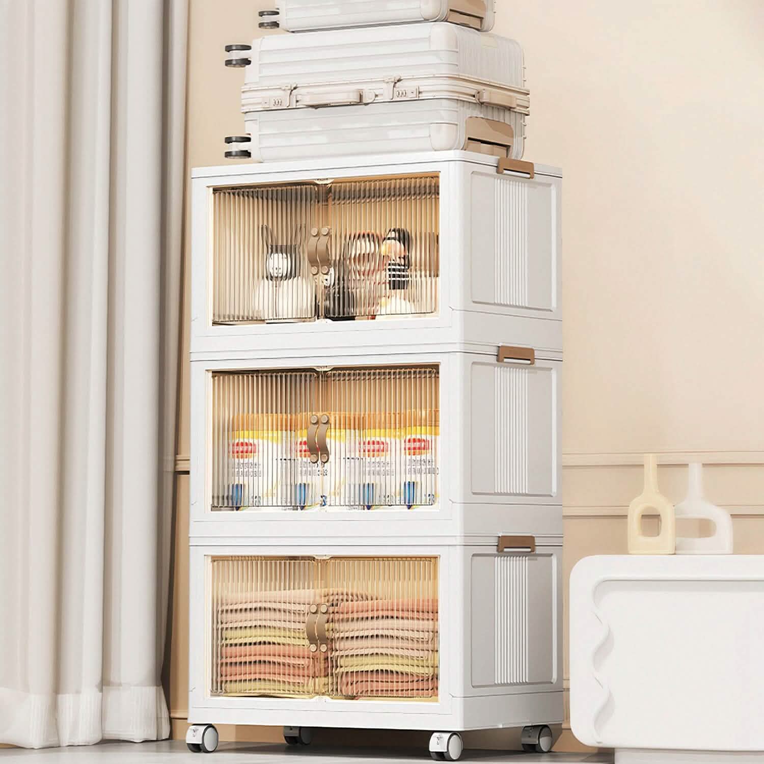 3-Pieces: Foldable Storage Bins with Lid Front Magnetic Door Collapsible Stackable Closet Organizer