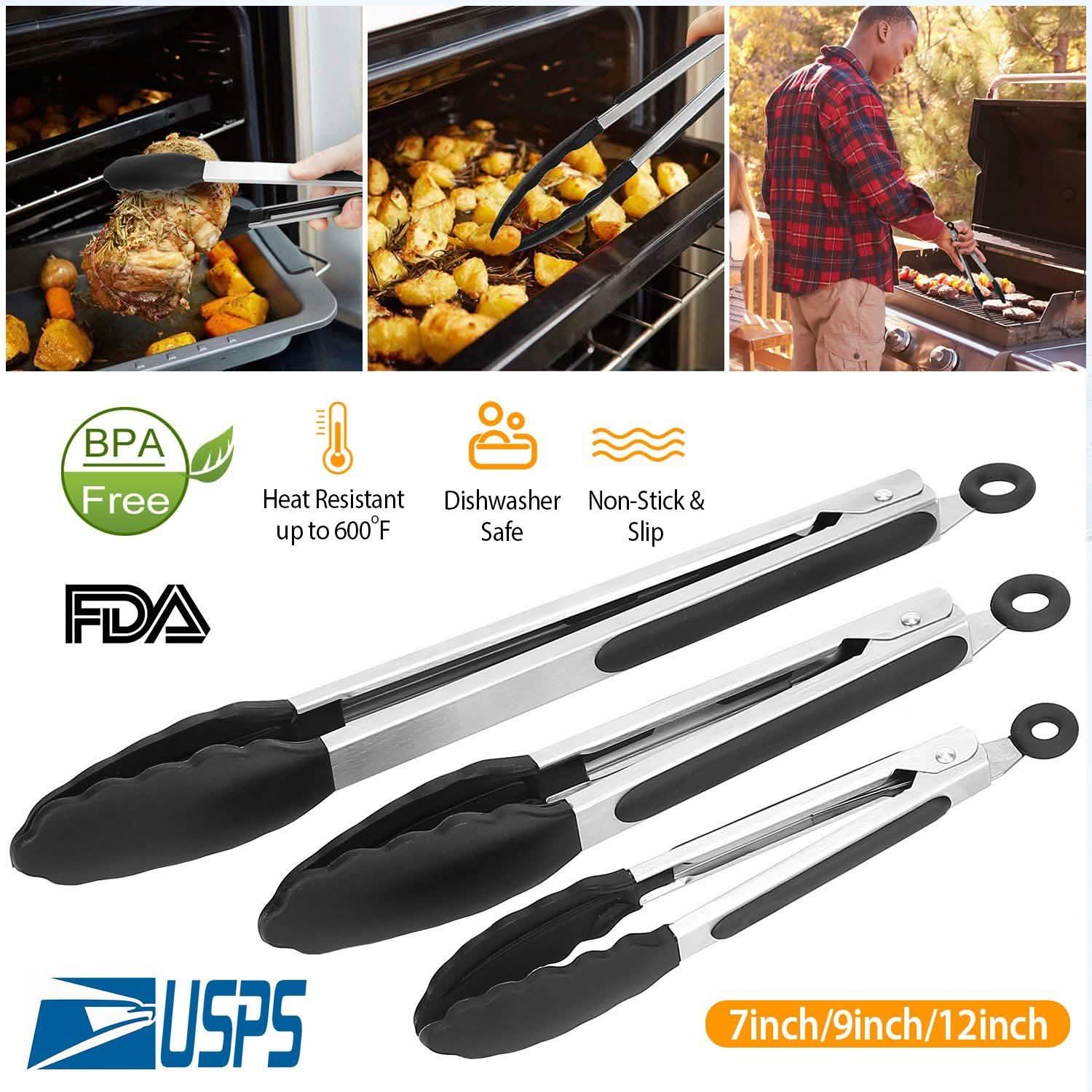 3-Pieces: Kitchen Tongs Stainless Steel with Silicon