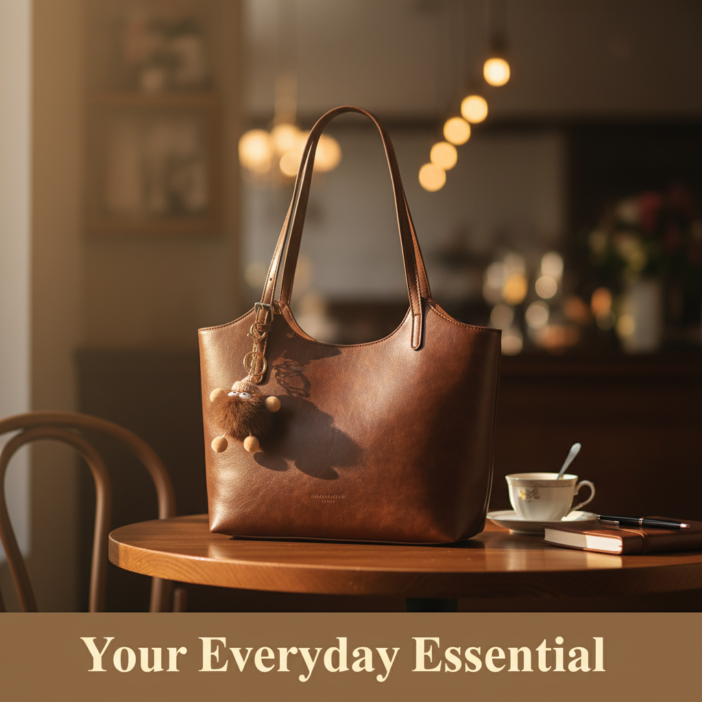 Leather Tote Bag with Charm