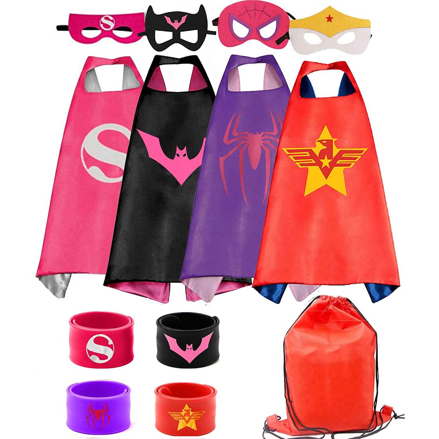 4-Piece: Kids Dress Up Superhero Capes Set and Slap Bracelets for Girls
