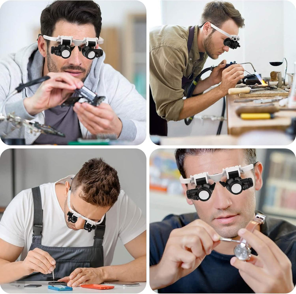 2-LED Head-Mounted Magnifier Glasses – 8x/15x/23x with Repair Light