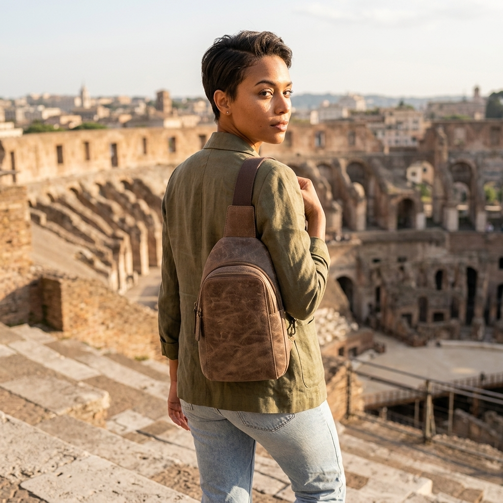 Brown Crazy Horse Leather Sling Bag for Men – Small Full-Grain Crossbody Travel Bag