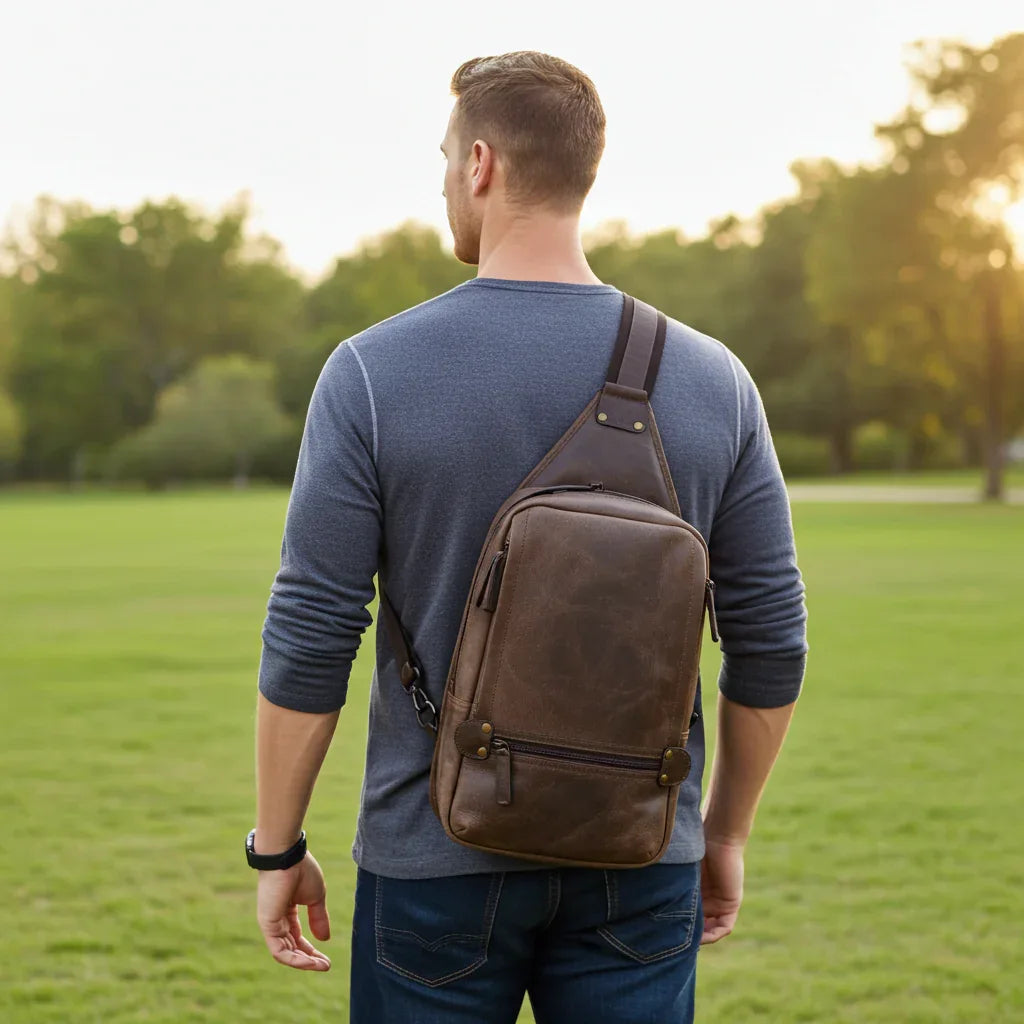 Full-Grain Crazy Horse Leather Sling Bag for Men – Rugged Travel Crossbody Bag