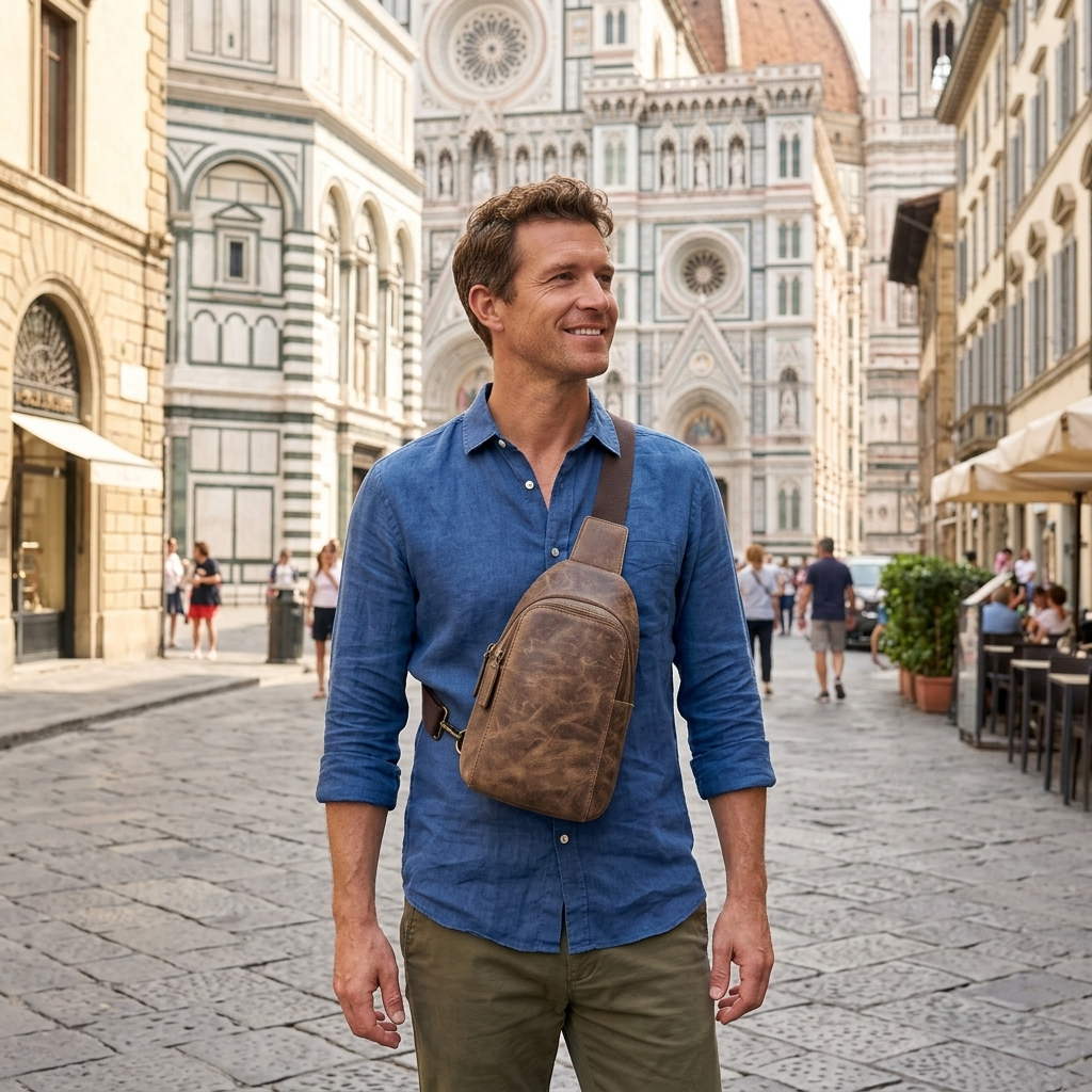 Brown Crazy Horse Leather Sling Bag for Men – Small Full-Grain Crossbody Travel Bag