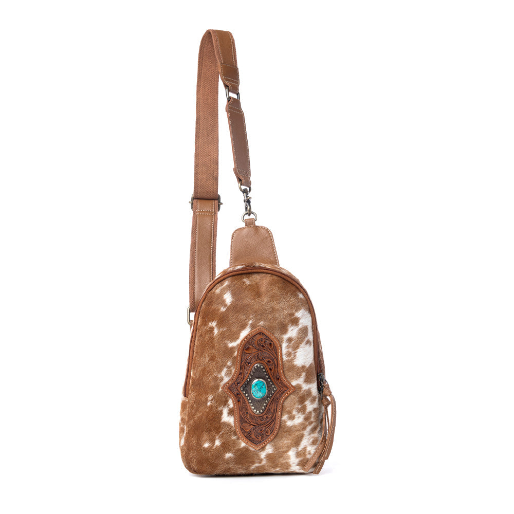 Myra Horizon Vale Handtooled Hairon Leather Fanny Pack in Warm Caramel