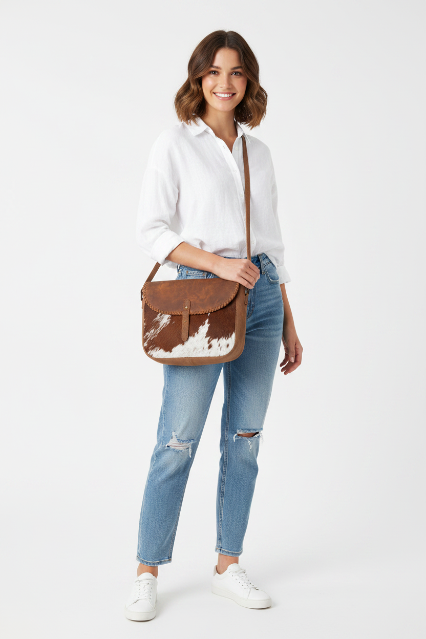 Myra Honey Field Hairon Leather Messenger Bag in Sable Mist