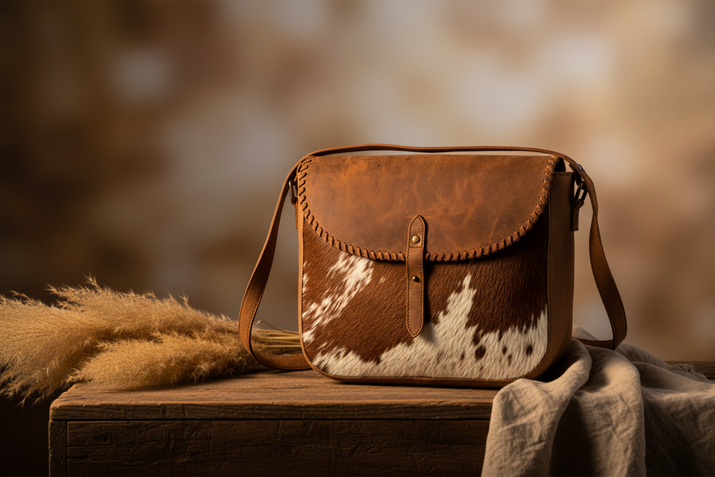 Myra Honey Field Hairon Leather Messenger Bag in Sable Mist