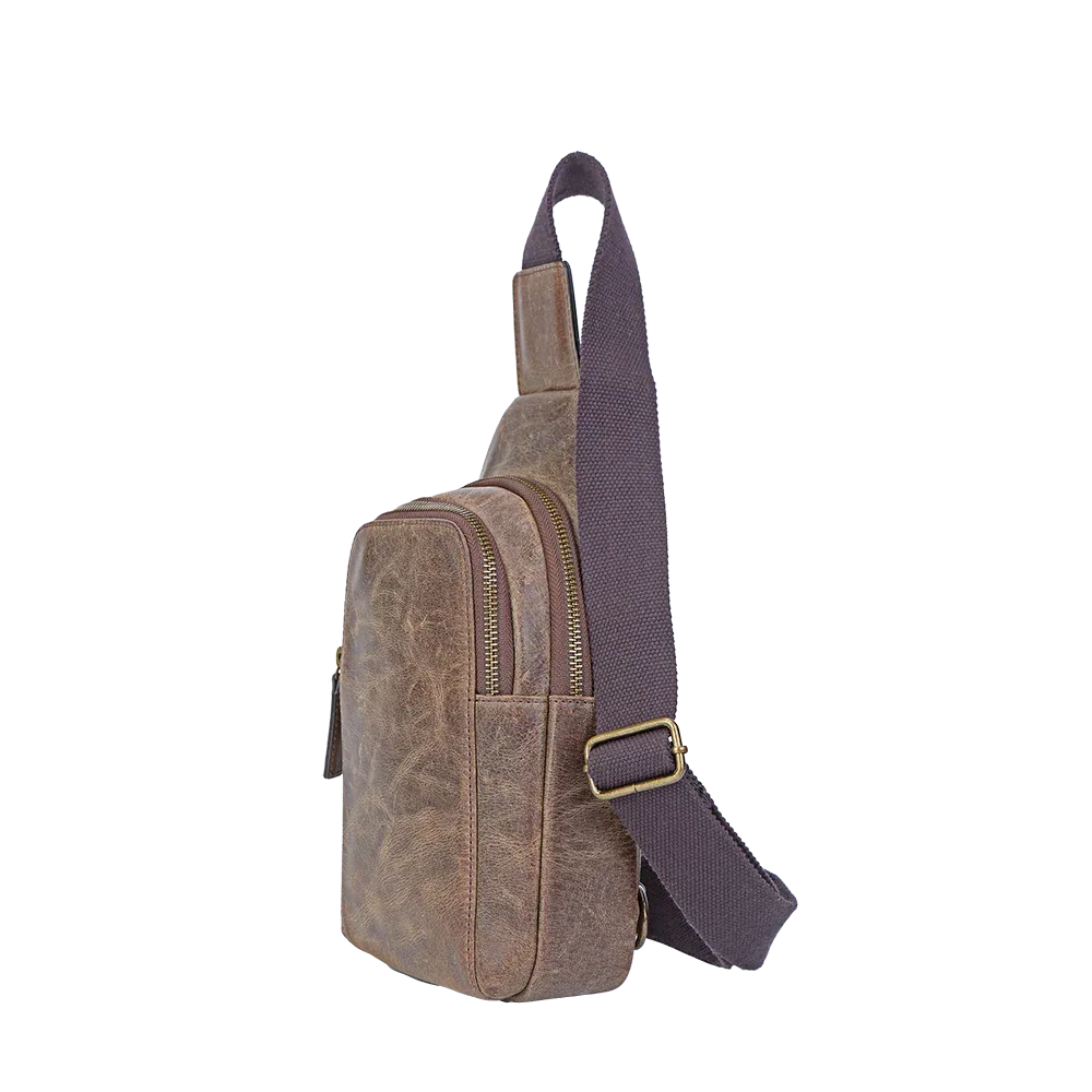 Brown Crazy Horse Leather Sling Bag for Men – Small Full-Grain Crossbody Travel Bag