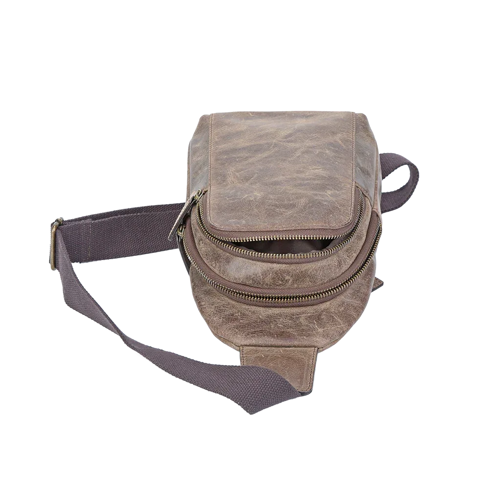 Brown Crazy Horse Leather Sling Bag for Men – Small Full-Grain Crossbody Travel Bag