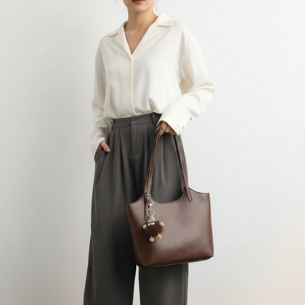 Leather Tote Bag with Charm