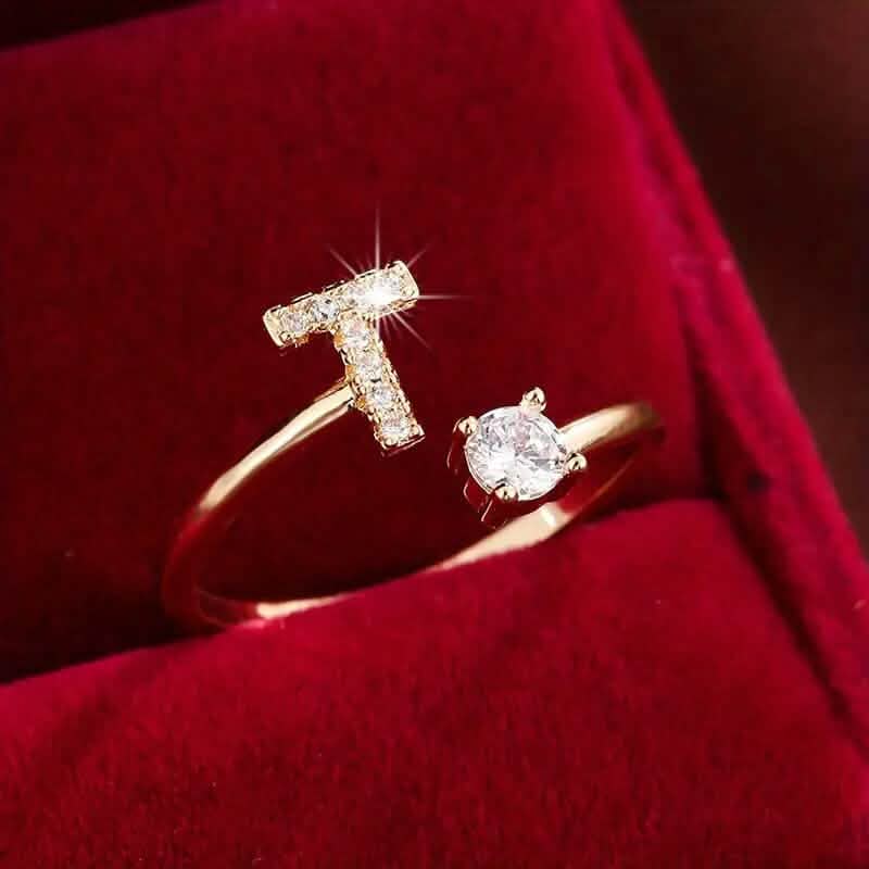 Adjustable Copper Initial Ring with Four-Claw Round Zirconia