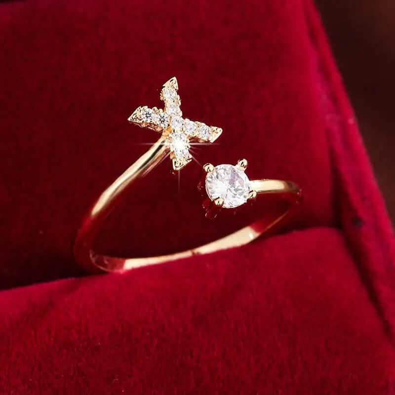 Adjustable Copper Initial Ring with Four-Claw Round Zirconia