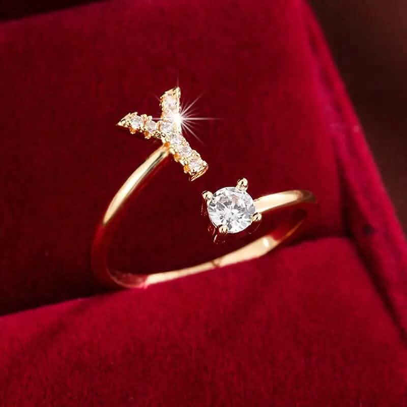 Adjustable Copper Initial Ring with Four-Claw Round Zirconia