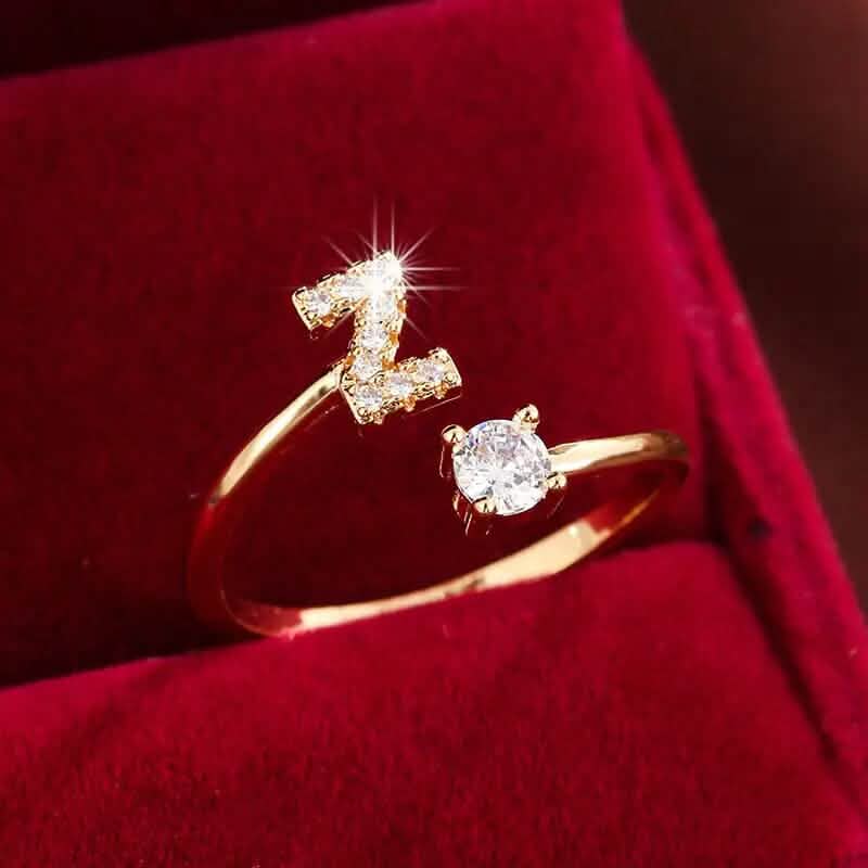 Adjustable Copper Initial Ring with Four-Claw Round Zirconia